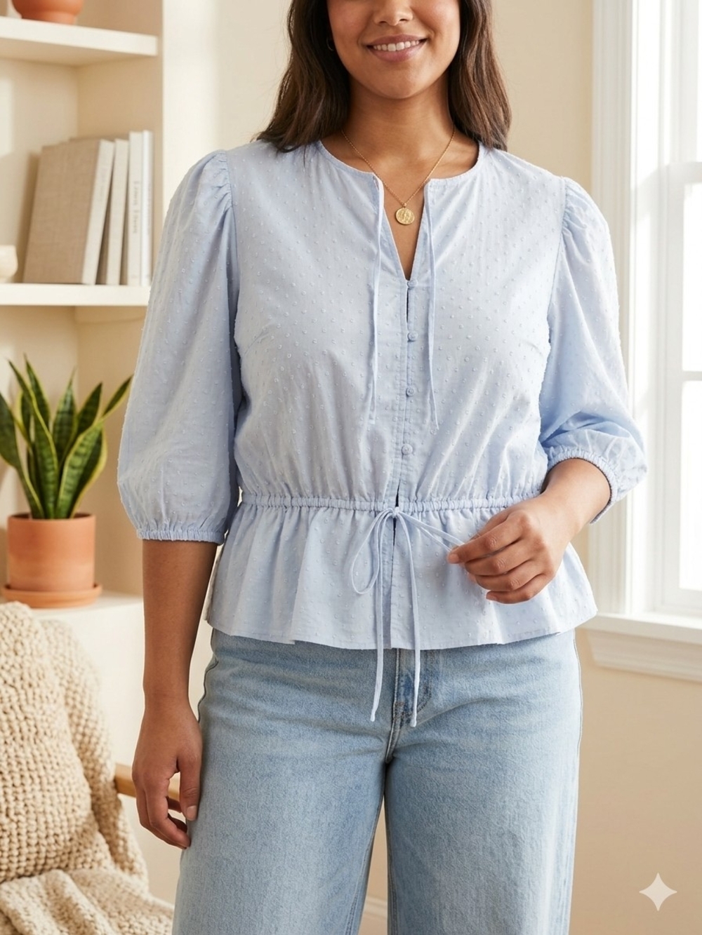 NWT H&M Divided Swiss Dot Puff Sleeve Blouse Light Blue Peplum Top XL Cotton